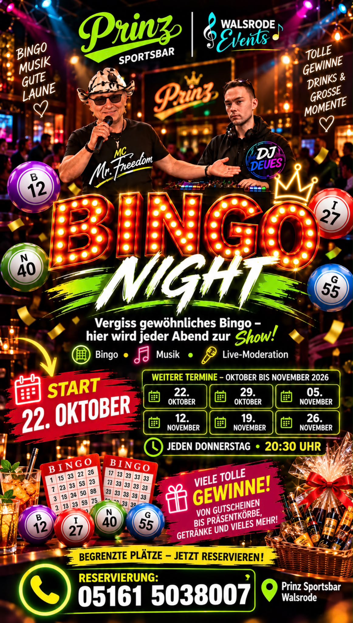 Bingo Night in der Prinz Sportsbar Walsrode mit sechs Terminen im Oktober und November 2026